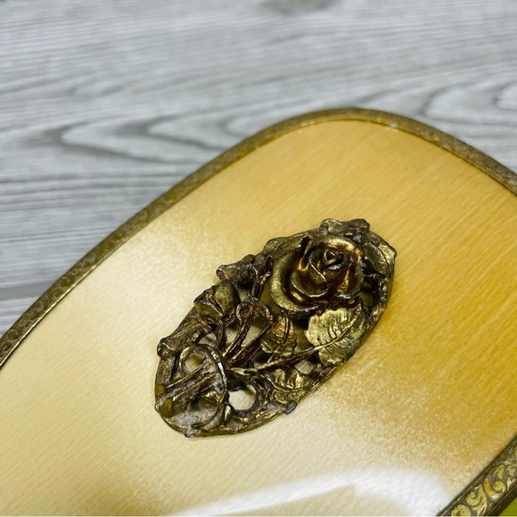 Rare 1950s Matson Vanity Hand Mirror Hair Brush Set rose flower 24k Gold Plated - Picture 13 of 16